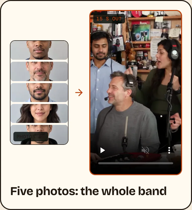 Five AI-generated photos, one per seat, and the Outstanding Tiny Desk video made from them on tinydesk-ai.vip