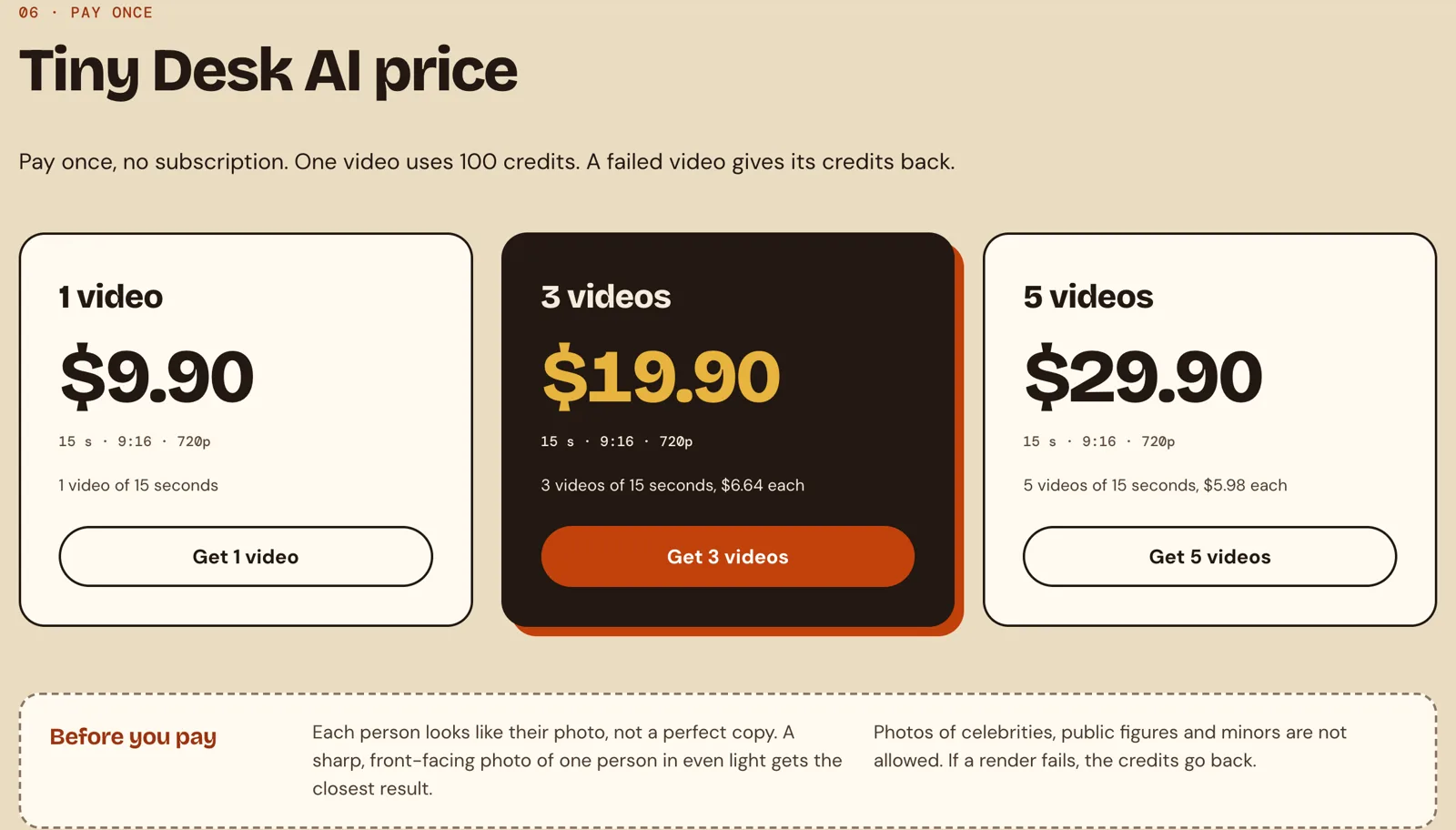 The Tiny Desk AI packs on tinydesk-ai.vip, paid once: 1, 3 or 5 videos of 15 seconds